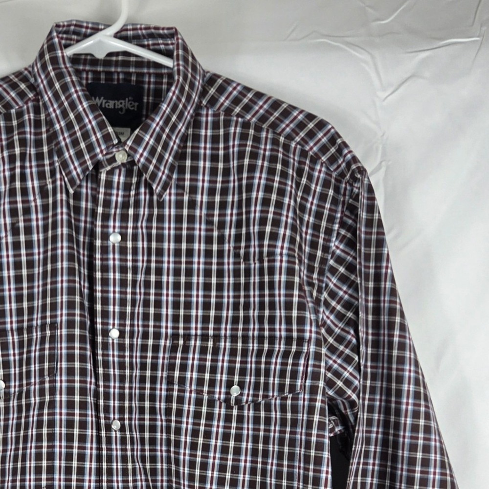 Wrangler Mens Western Snap Plaid Long Sleeve Shirt Brown Burgundy Blue L